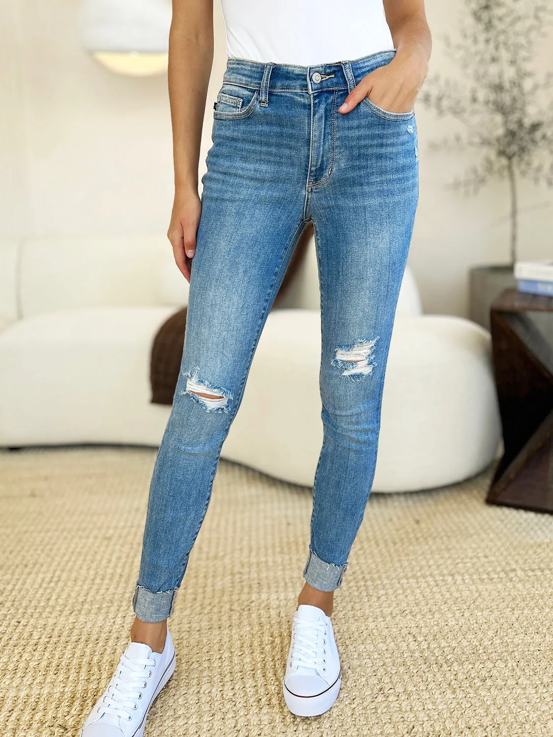 Judy Blue Jean Full Size Mid Rise Destroy & Cuff Skinny Jeans