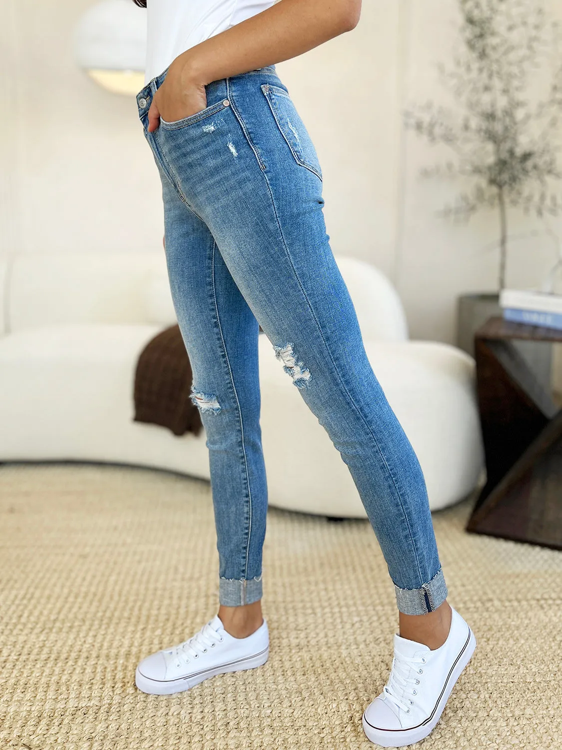 Judy Blue Jean Full Size Mid Rise Destroy & Cuff Skinny Jeans