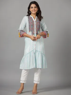 Juniper The Banjara Blue Cotton Geometric Printed Tiered Fusion Kurta With Contrasting Pom-Pom Lace