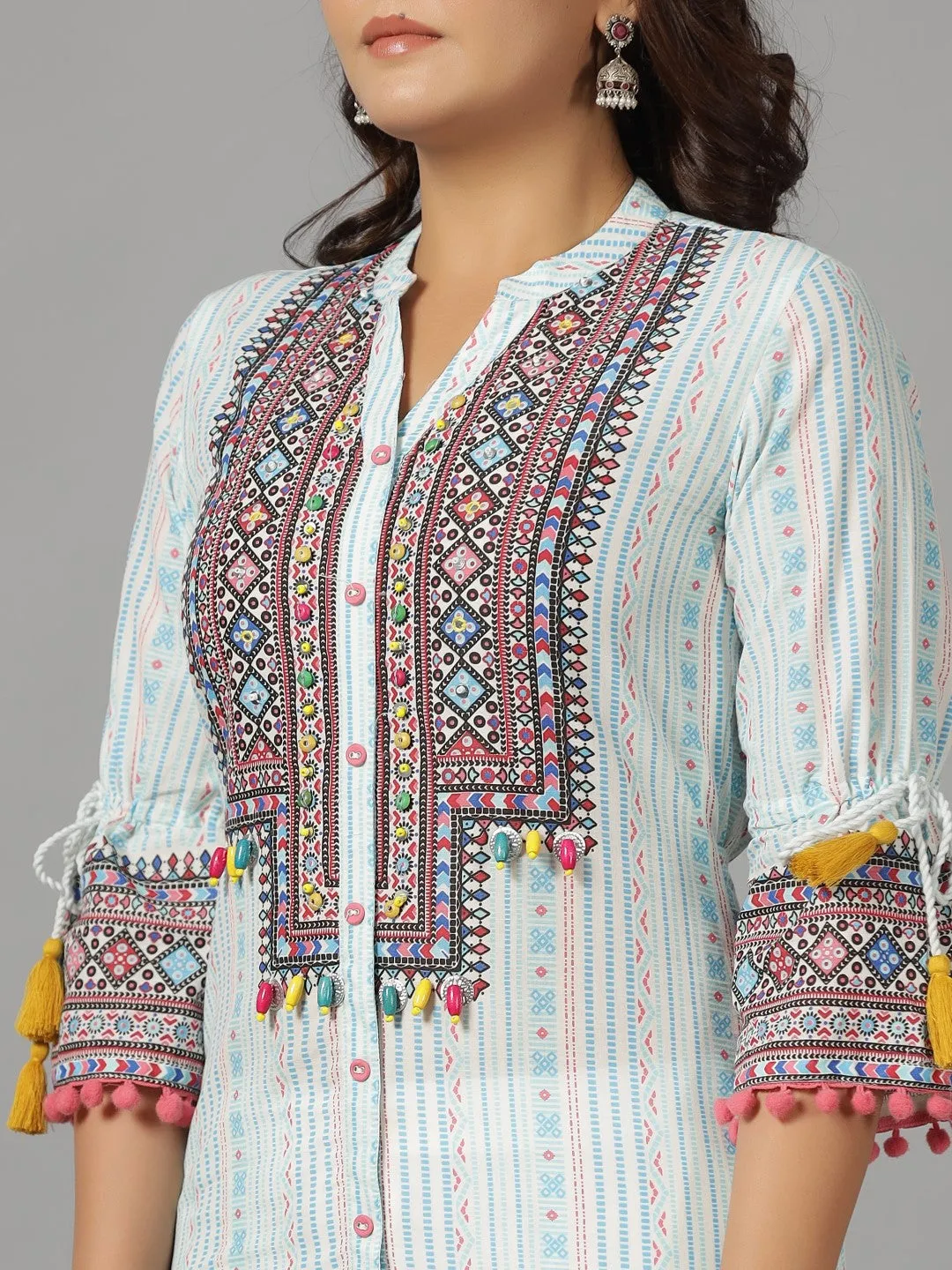 Juniper The Banjara Blue Cotton Geometric Printed Tiered Fusion Kurta With Contrasting Pom-Pom Lace