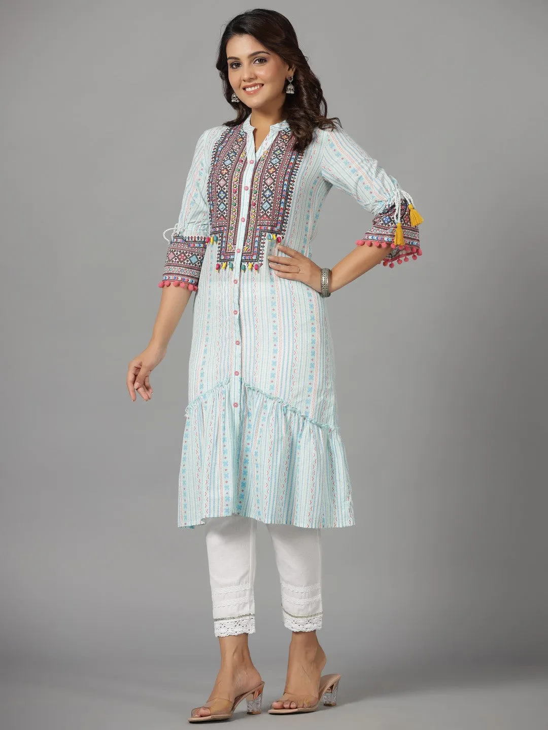 Juniper The Banjara Blue Cotton Geometric Printed Tiered Fusion Kurta With Contrasting Pom-Pom Lace