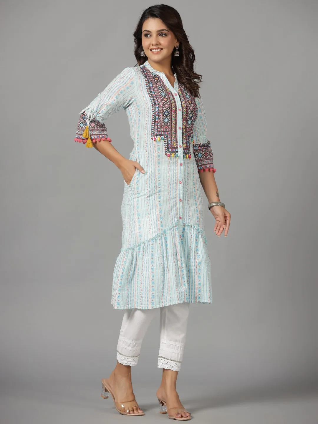 Juniper The Banjara Blue Cotton Geometric Printed Tiered Fusion Kurta With Contrasting Pom-Pom Lace