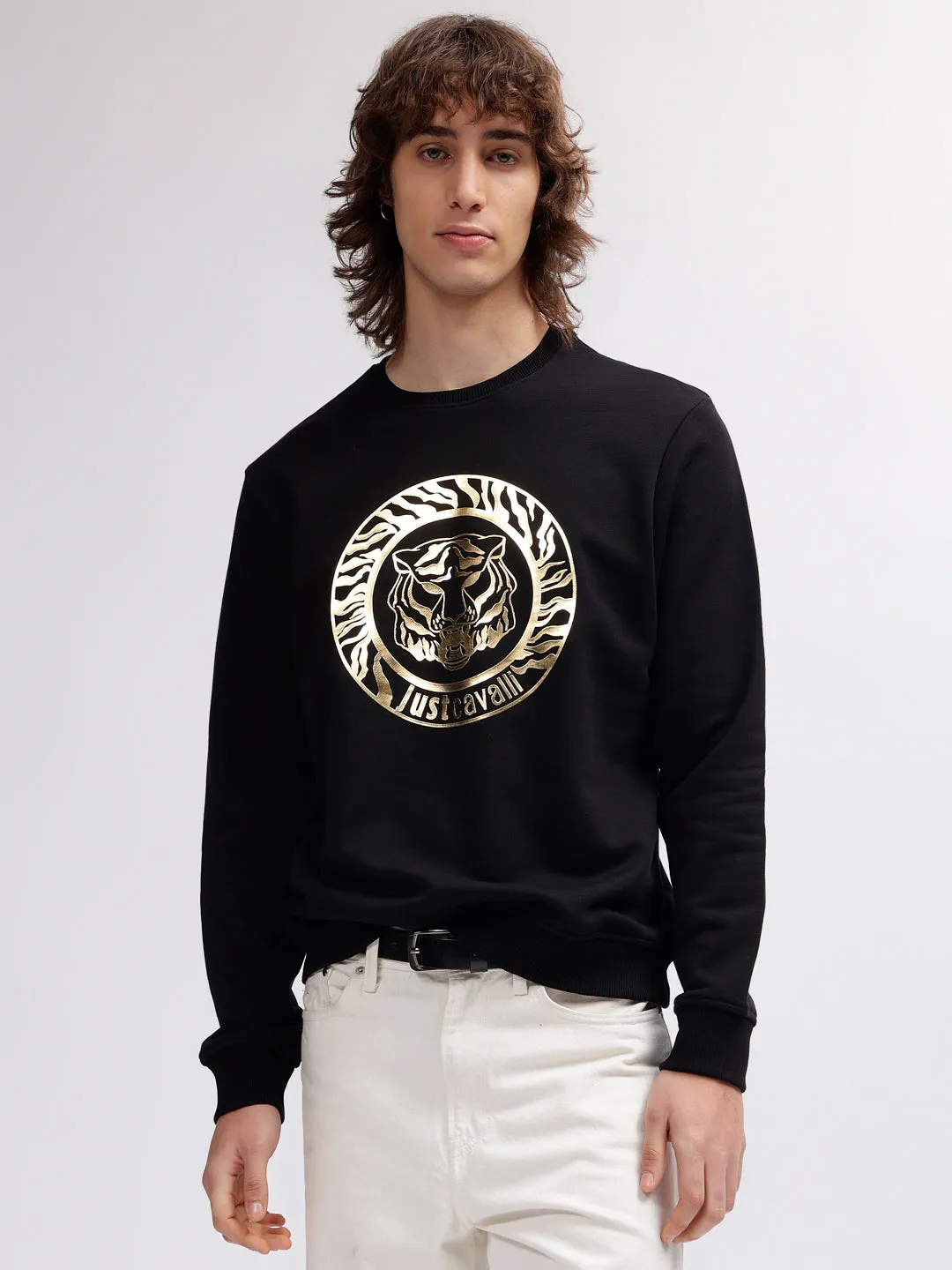 Just Cavalli Men Black Printed Round Neck Full Sleeves Sweatshirt