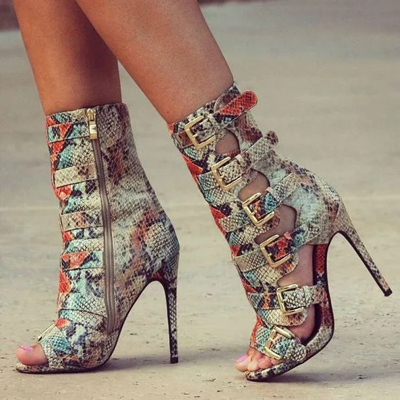 Mixed Color Hasp Peep-toe Zipper Stiletto High Heel Ankle Boot Sandals