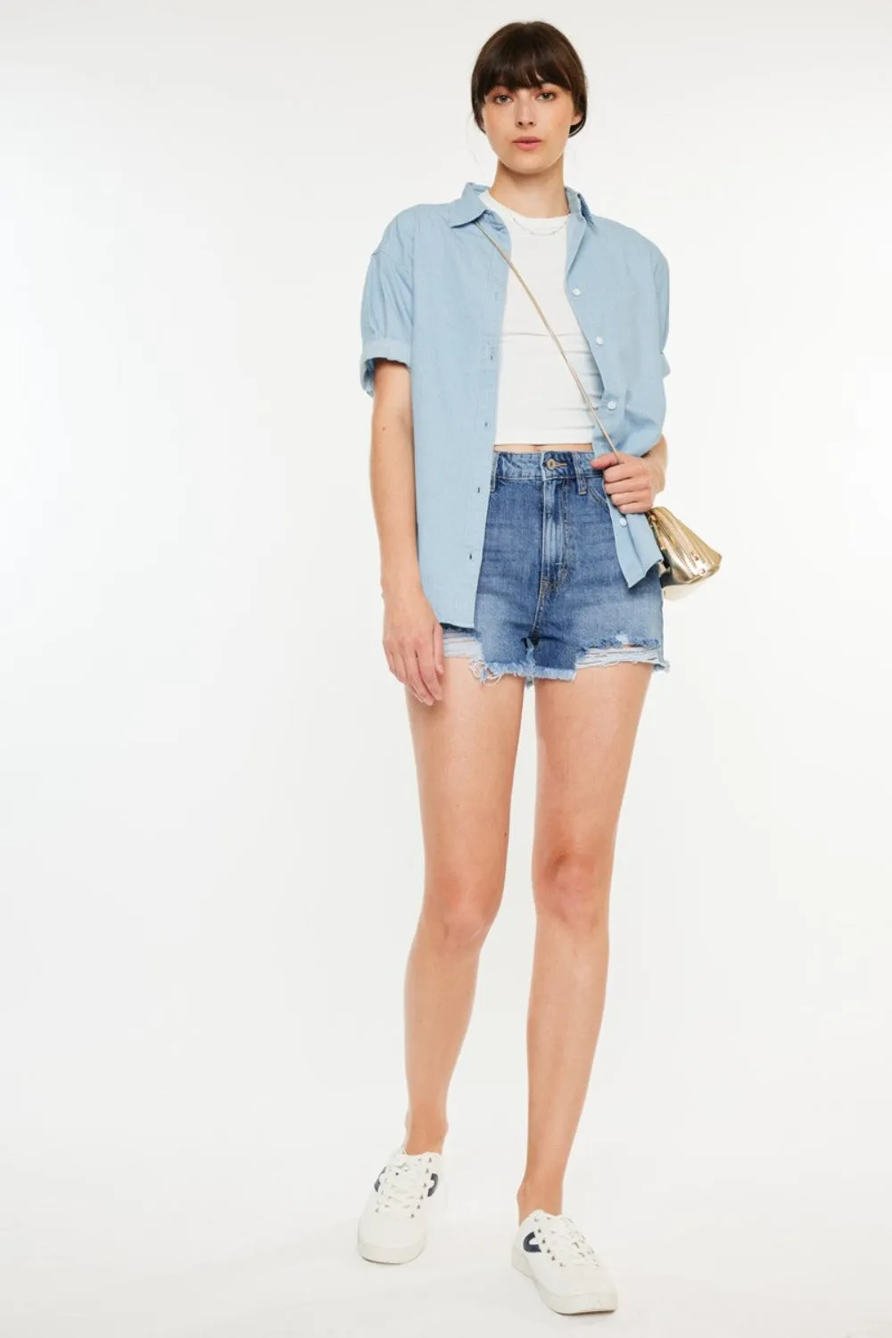 Naomi Distressed Raw Hem High Waist Denim Shorts Kancan