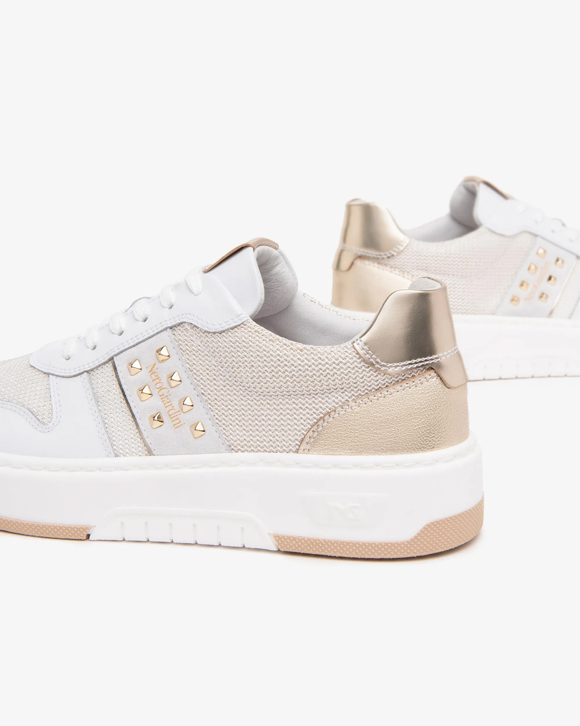 NeroGiardini White Leather Trainers with Gold Studs