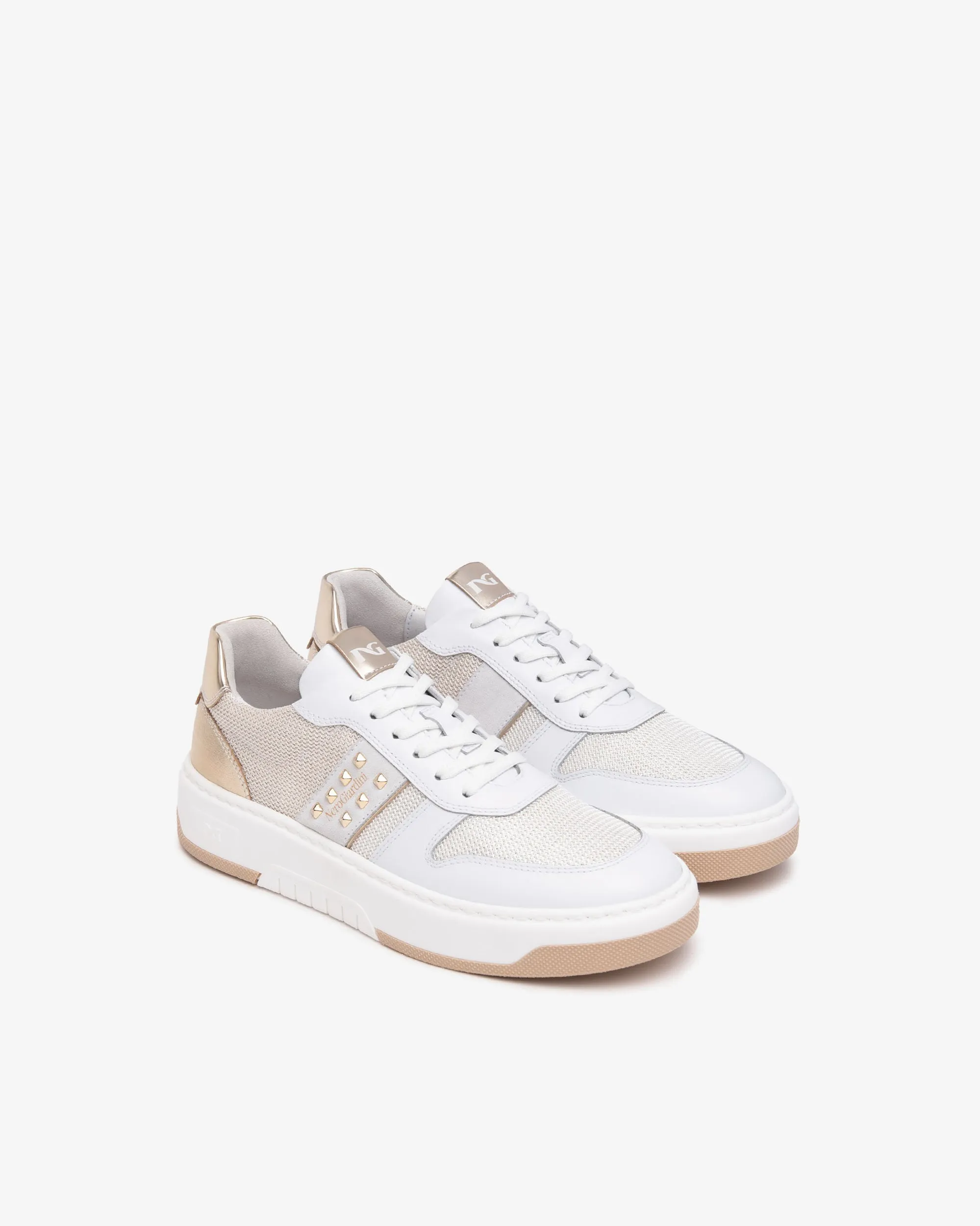 NeroGiardini White Leather Trainers with Gold Studs