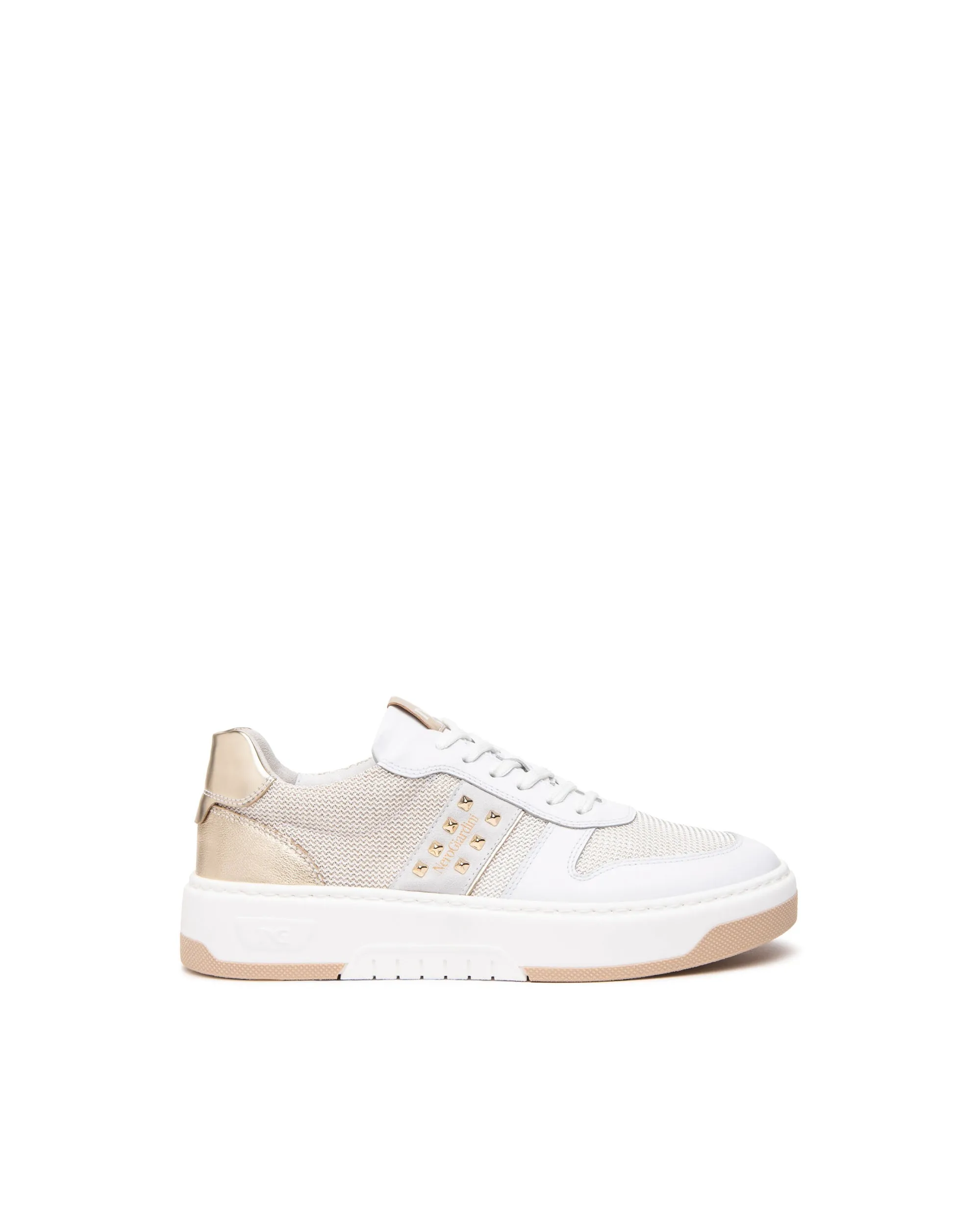NeroGiardini White Leather Trainers with Gold Studs