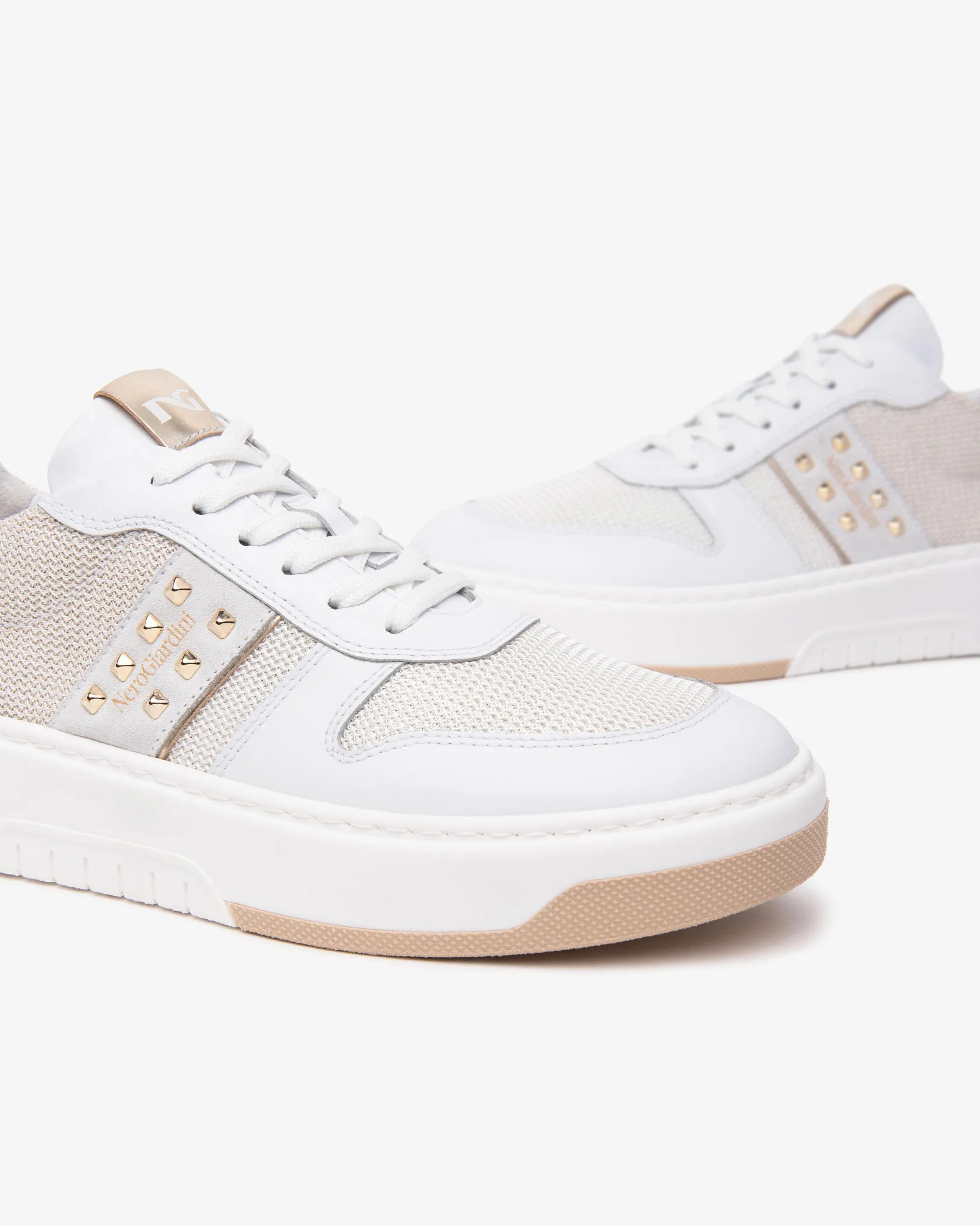 NeroGiardini White Leather Trainers with Gold Studs