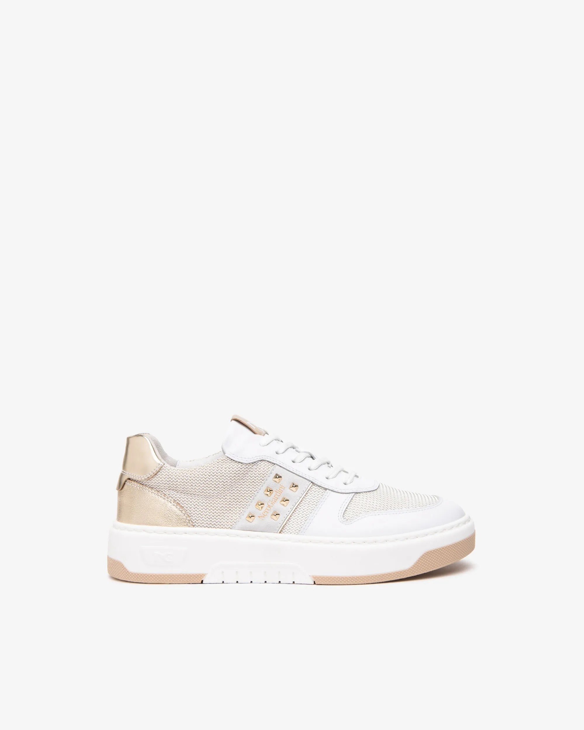 NeroGiardini White Leather Trainers with Gold Studs