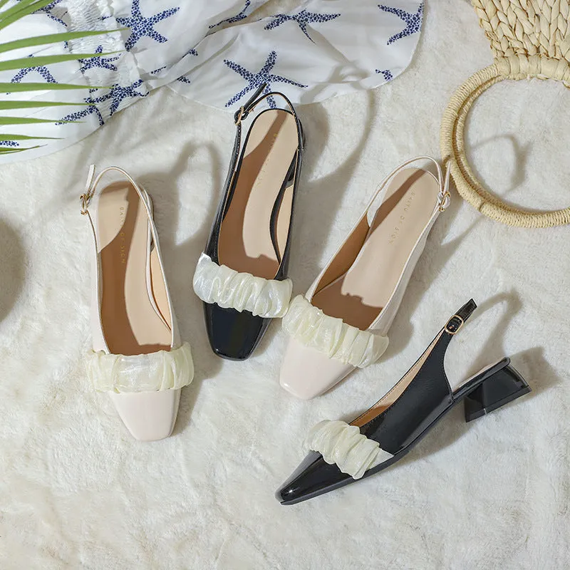Nude Block Heels Closed Toe Summer Women's Shoes Mesh Casual