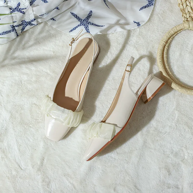 Nude Block Heels Closed Toe Summer Women's Shoes Mesh Casual