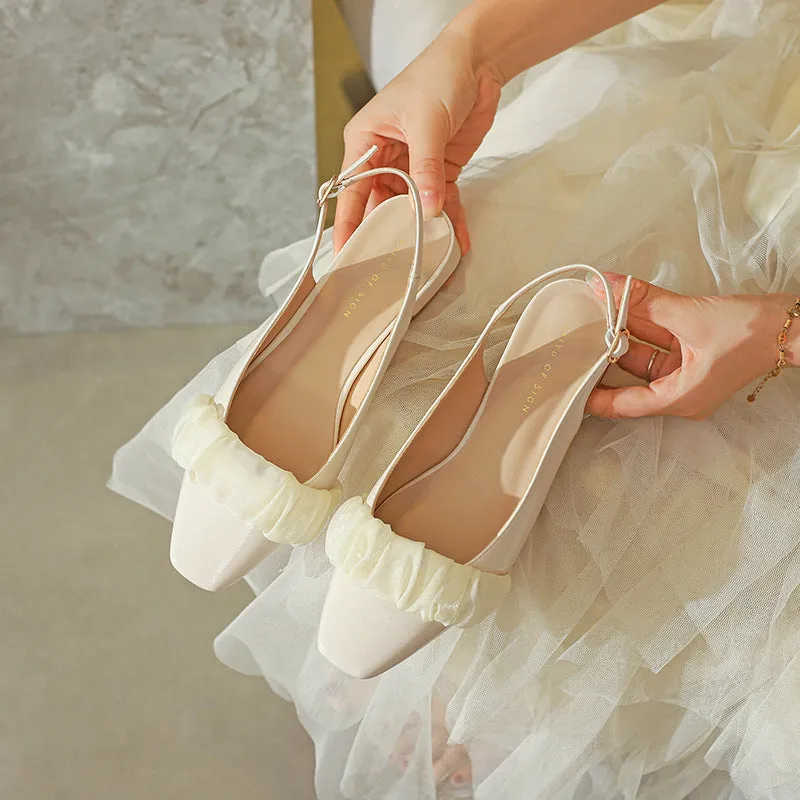 Nude Block Heels Closed Toe Summer Women's Shoes Mesh Casual
