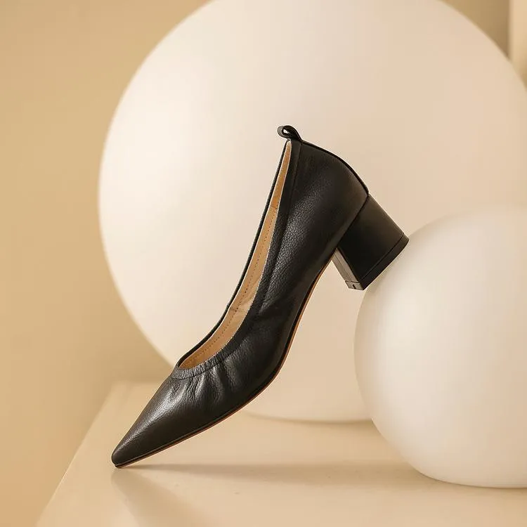 Nude Block Heels Soft Leather Chunky Heel High Heels Pointed Toe Pumps Leather Shoes