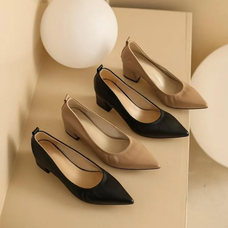 Nude Block Heels Soft Leather Chunky Heel High Heels Pointed Toe Pumps Leather Shoes