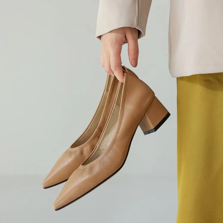 Nude Block Heels Soft Leather Chunky Heel High Heels Pointed Toe Pumps Leather Shoes