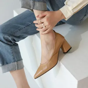 Nude Block Heels Soft Leather Chunky Heel High Heels Pointed Toe Pumps Leather Shoes