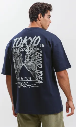 O179035 Front & Back Print Relaxed Fit Tee - Dark Navy Blue