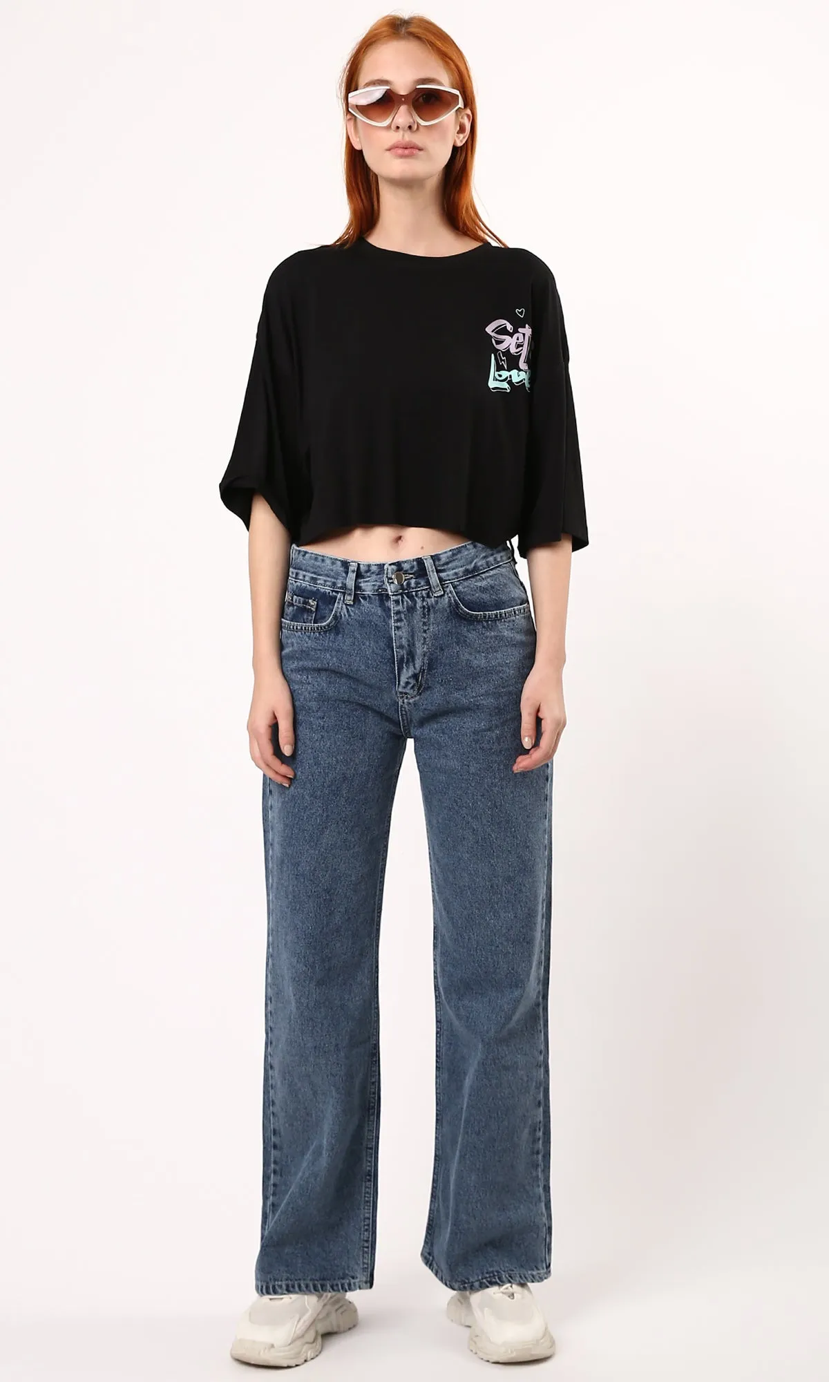 O183083 Fluffy Black Cotton Tee With "Self Love" Print