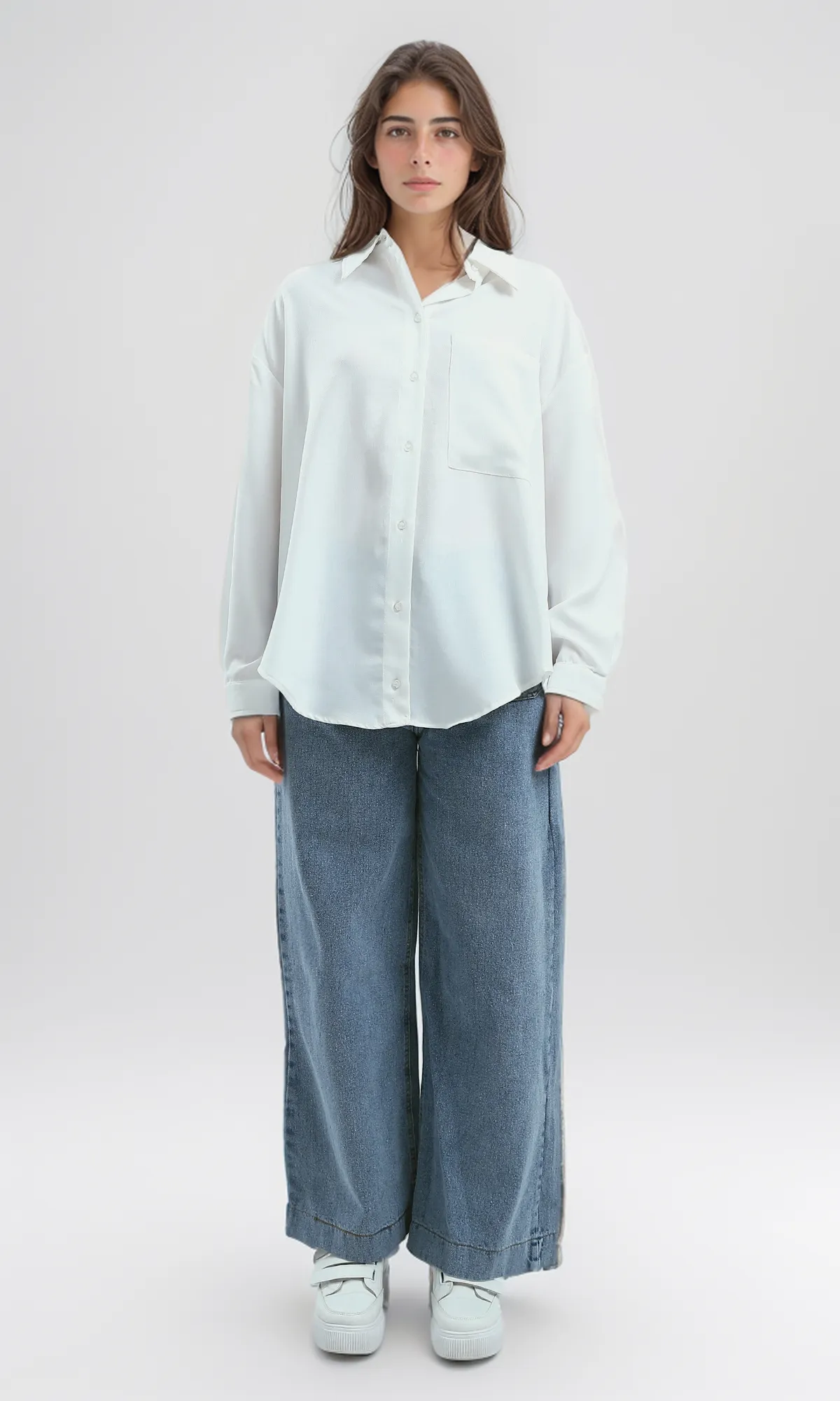 O189910 Summer White Long Shirt With Turn Down Collar