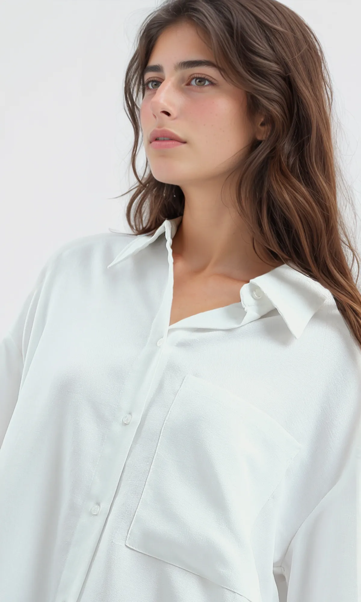 O189910 Summer White Long Shirt With Turn Down Collar