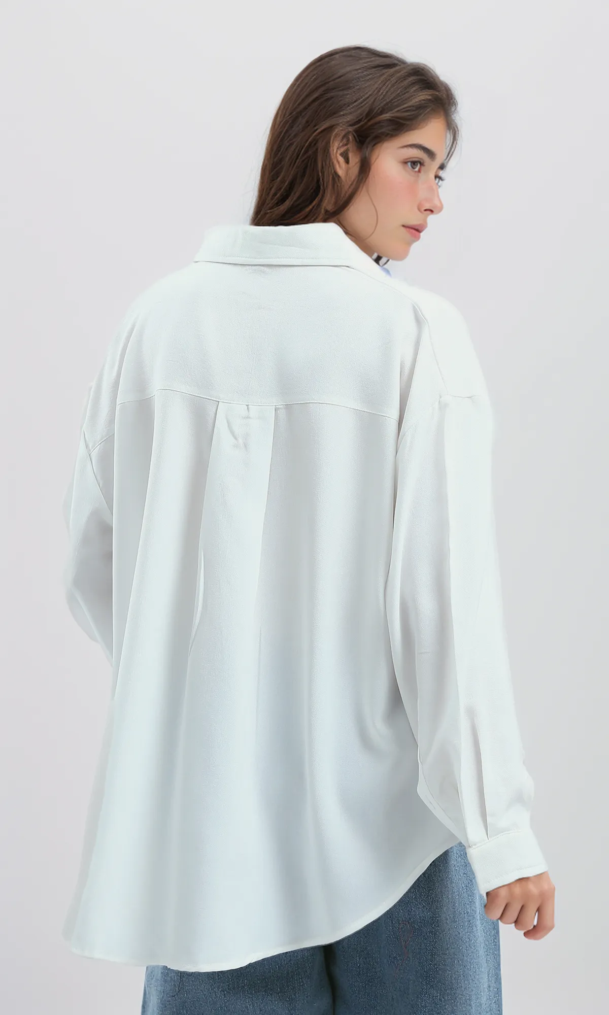 O189910 Summer White Long Shirt With Turn Down Collar