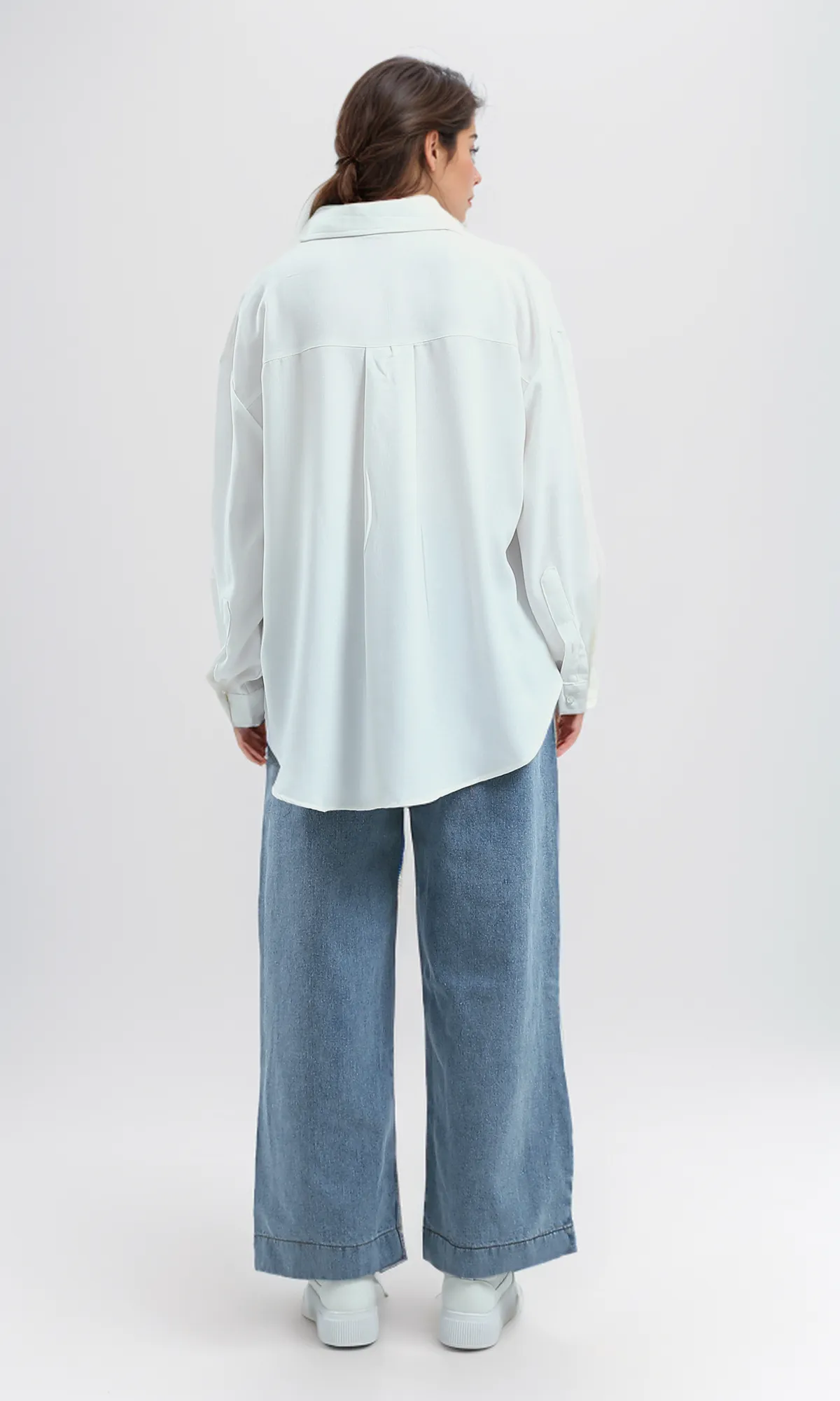 O189910 Summer White Long Shirt With Turn Down Collar