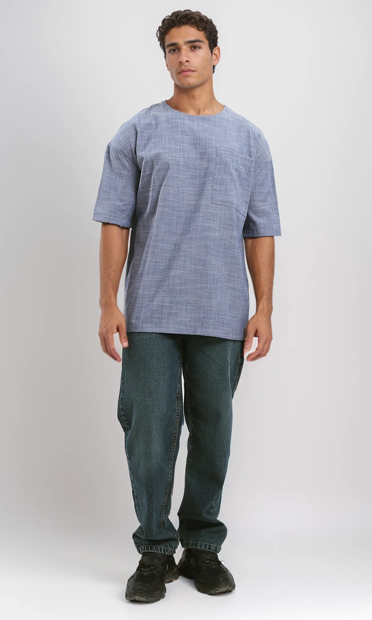O190120 Relaxed Slip On Tee With Front Pocket - Heather Navy Blue