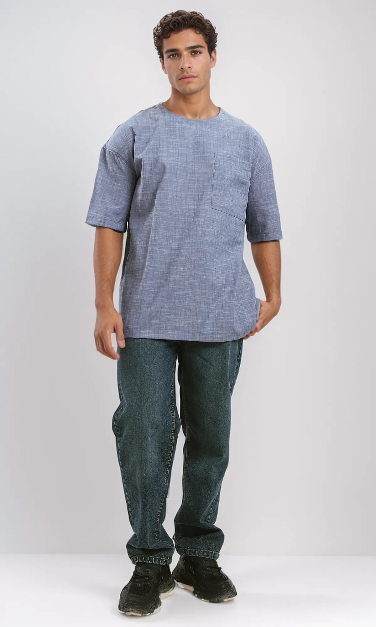 O190120 Relaxed Slip On Tee With Front Pocket - Heather Navy Blue