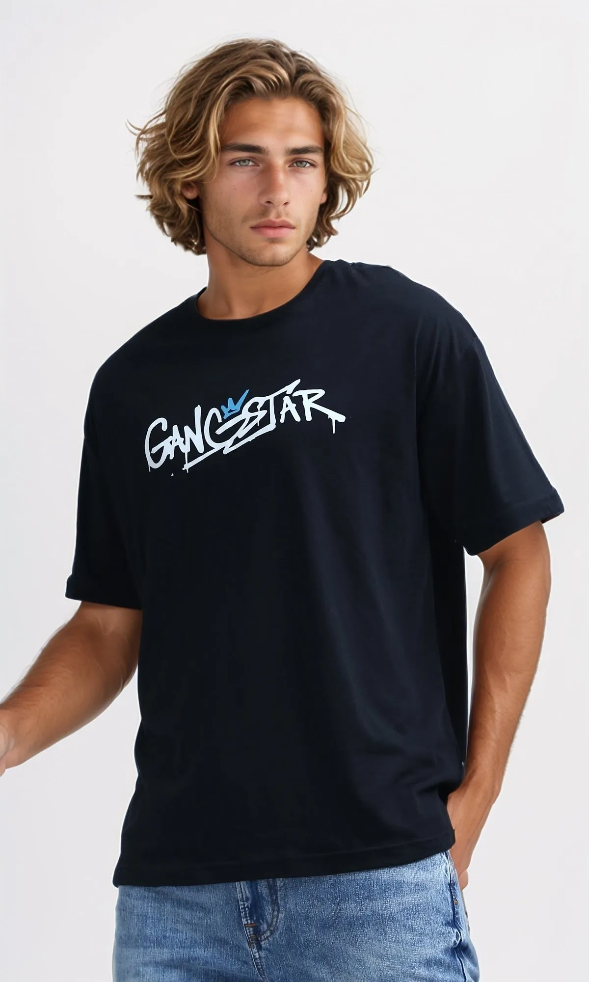 O198032 Slip On Printed ''Gangstar'' Cotton Tee - Black