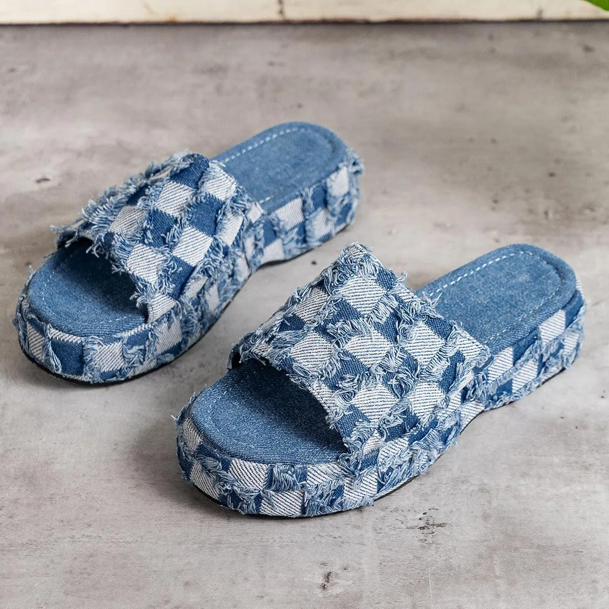 Plaid Pattern PU Leather Platform Sandals