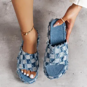 Plaid Pattern PU Leather Platform Sandals