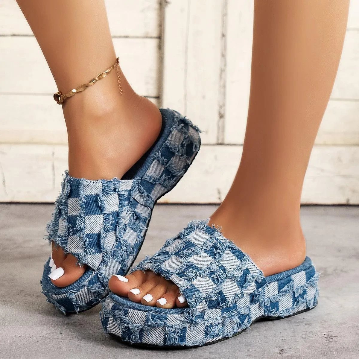 Plaid Pattern PU Leather Platform Sandals