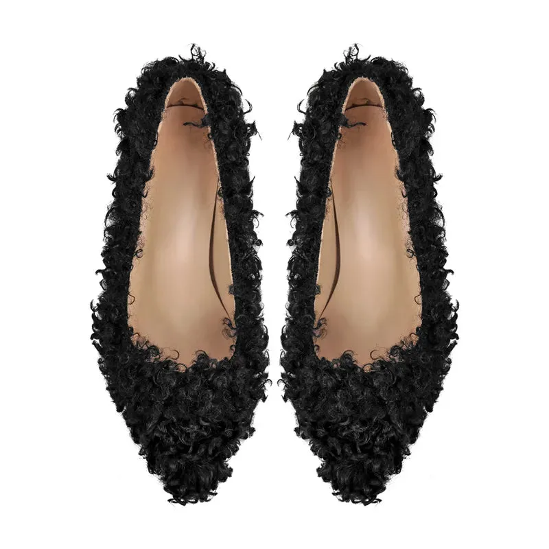 Pumps Woollen Patchwork Pointed Toe Slip-On Thin Heels Shoes