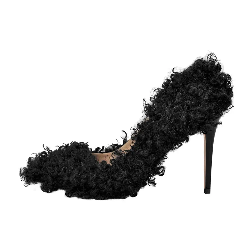 Pumps Woollen Patchwork Pointed Toe Slip-On Thin Heels Shoes