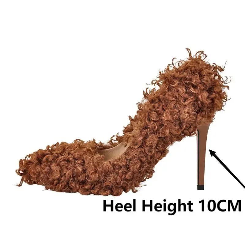 Pumps Woollen Patchwork Pointed Toe Slip-On Thin Heels Shoes