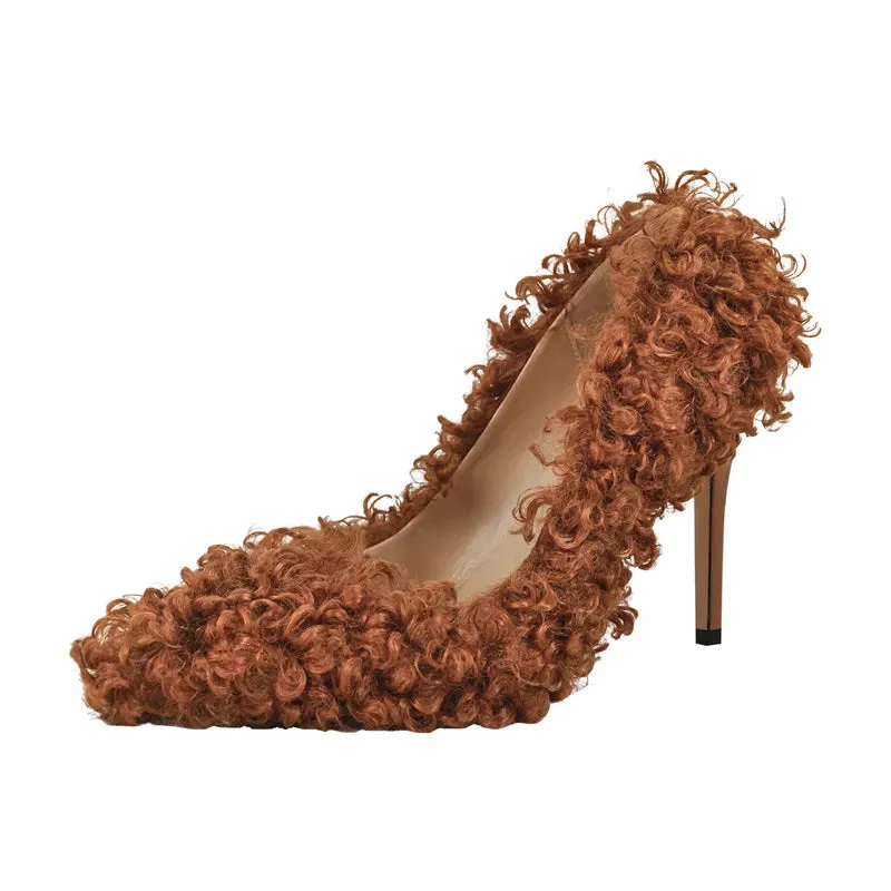 Pumps Woollen Patchwork Pointed Toe Slip-On Thin Heels Shoes