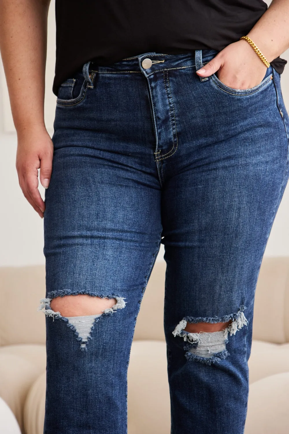 RFM Crop Dylan Full Size **Tummy Control** Distressed High Waist Raw Hem Jeans