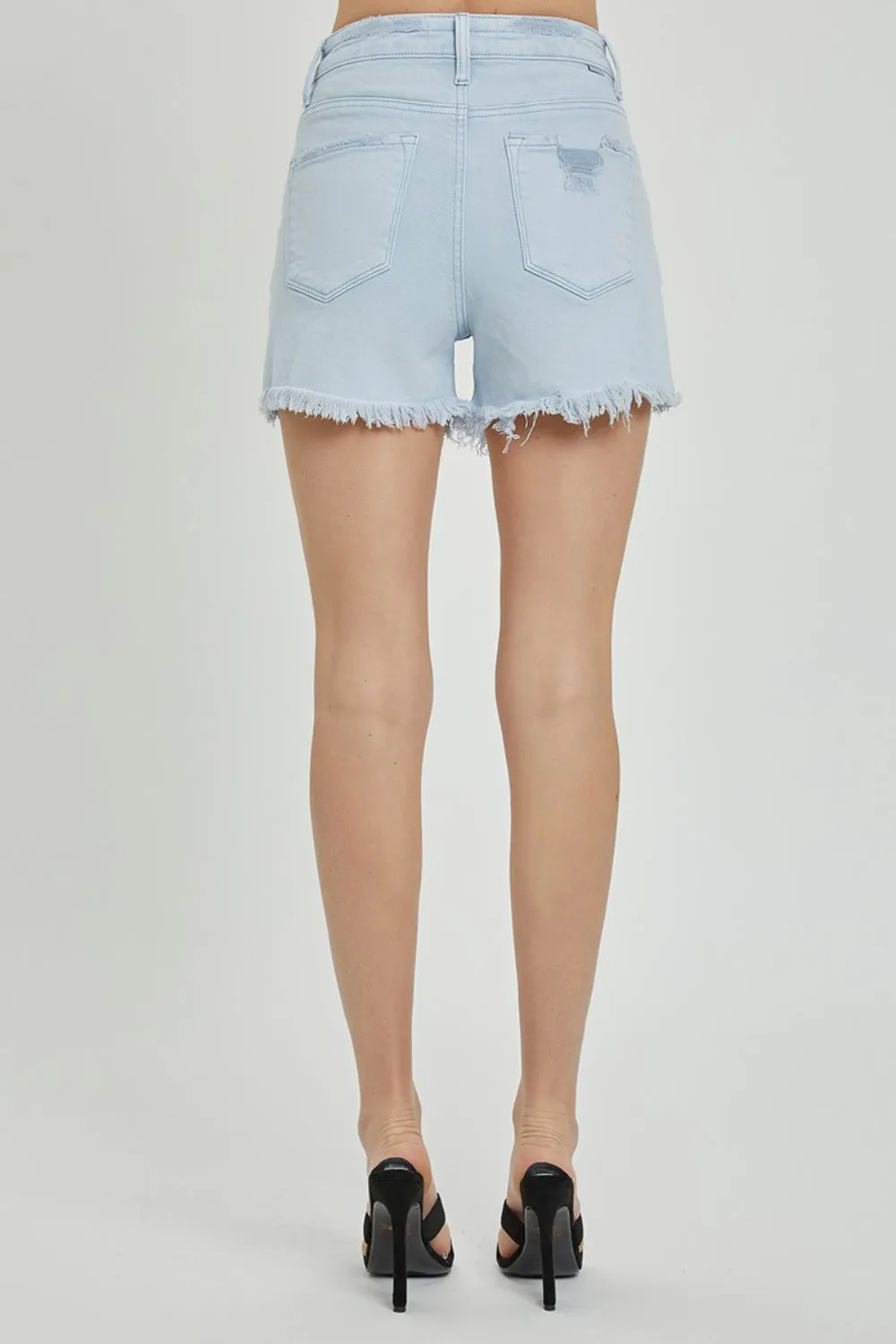 RISEN High Rise Distressed Detail Denim Shorts - Full Size