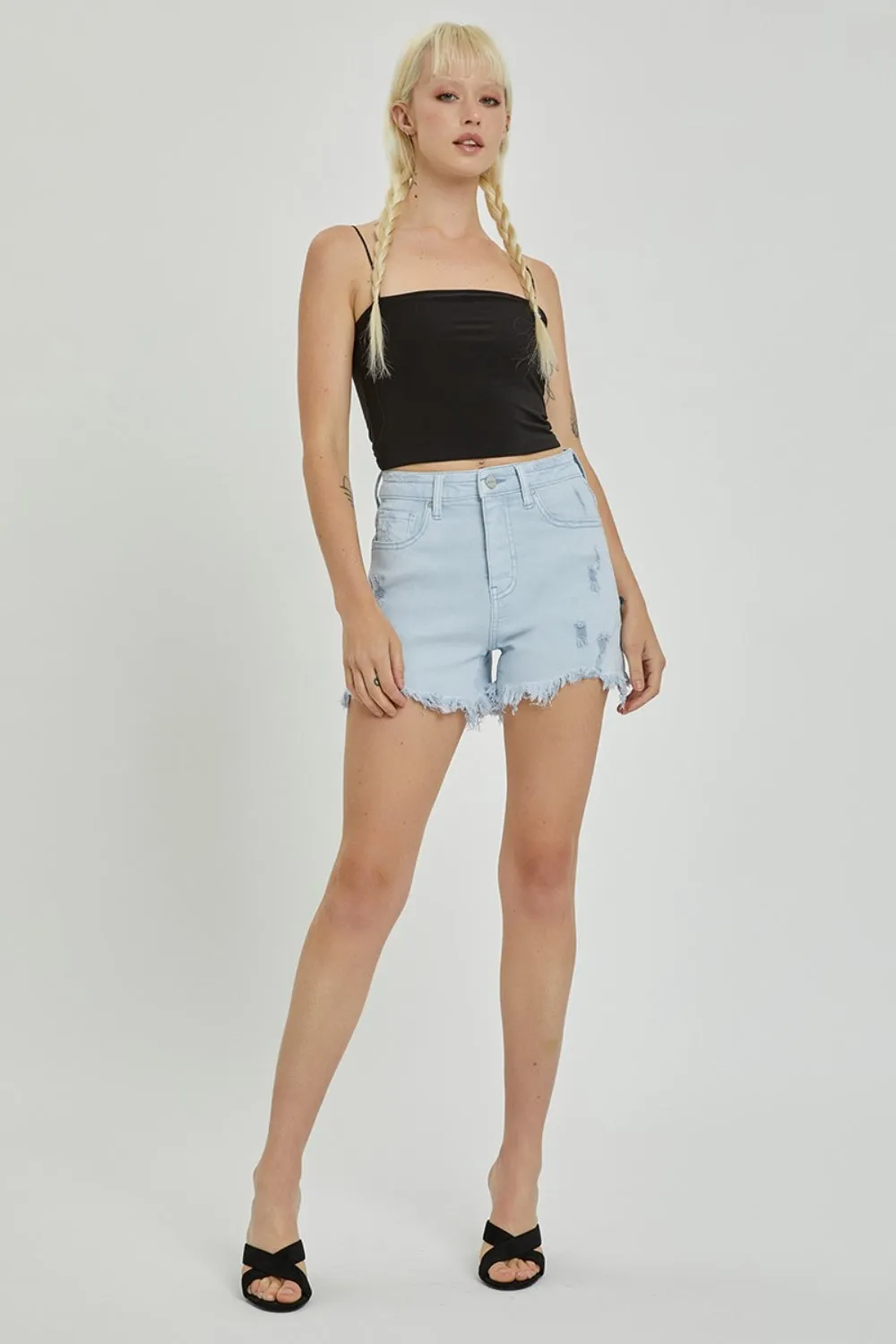 RISEN High Rise Distressed Detail Denim Shorts - Full Size