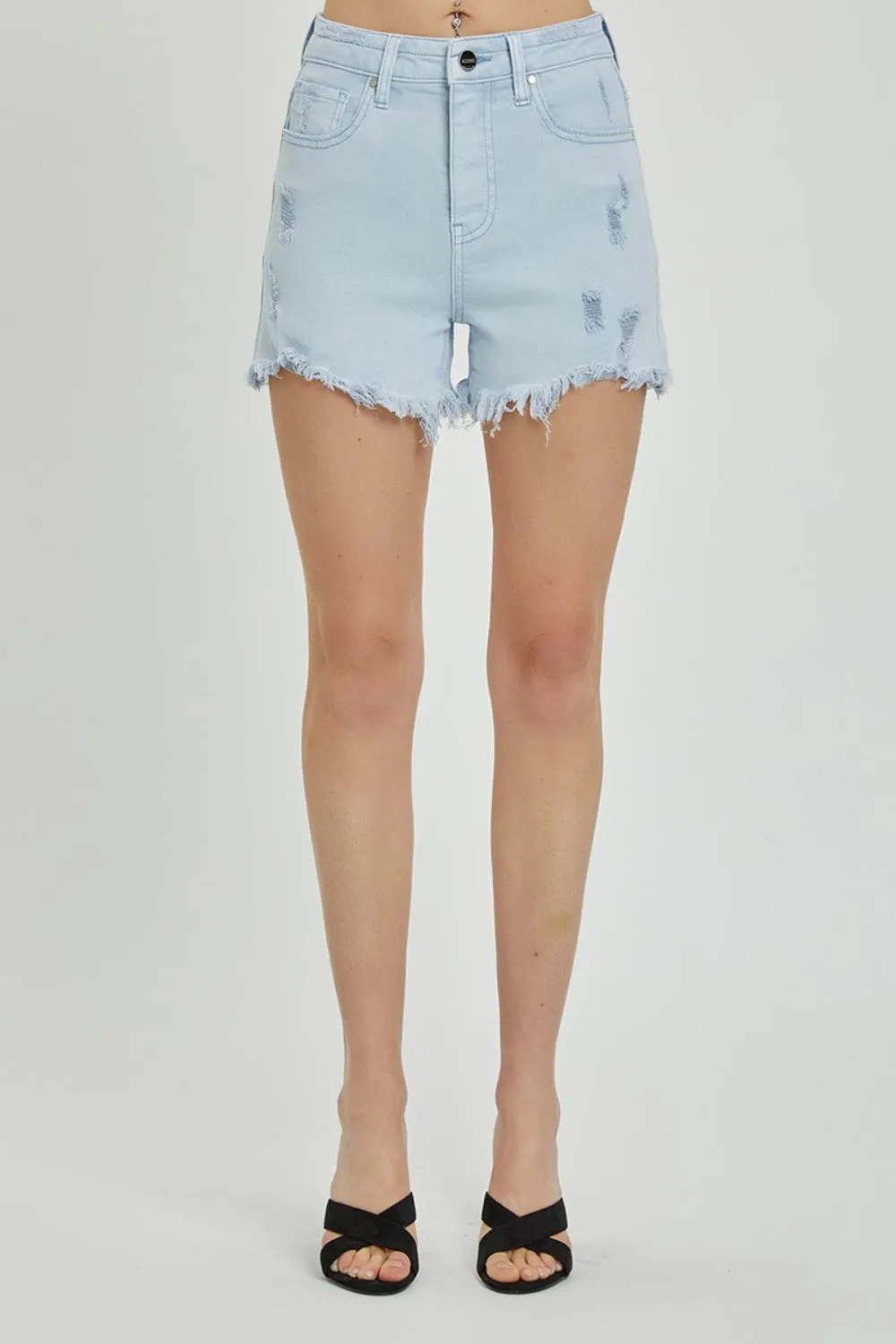 RISEN High Rise Distressed Detail Denim Shorts - Full Size
