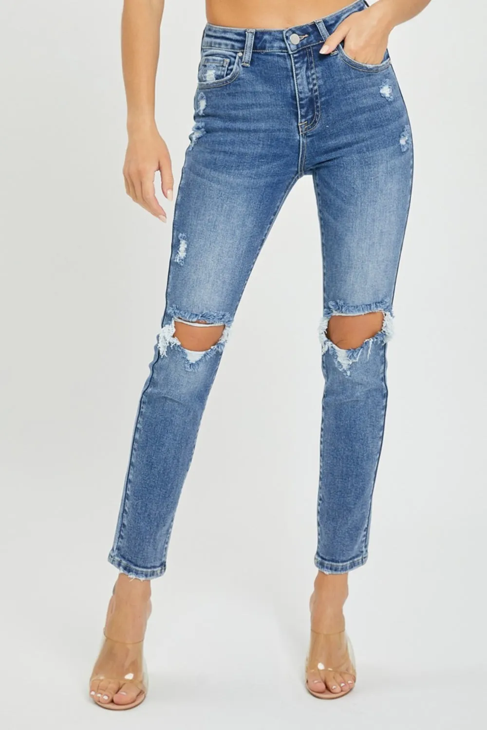 Risen High Rise Knee Distressed Skinny Blue Denim Jeans