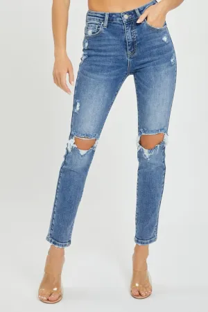 Risen High Rise Knee Distressed Skinny Blue Denim Jeans