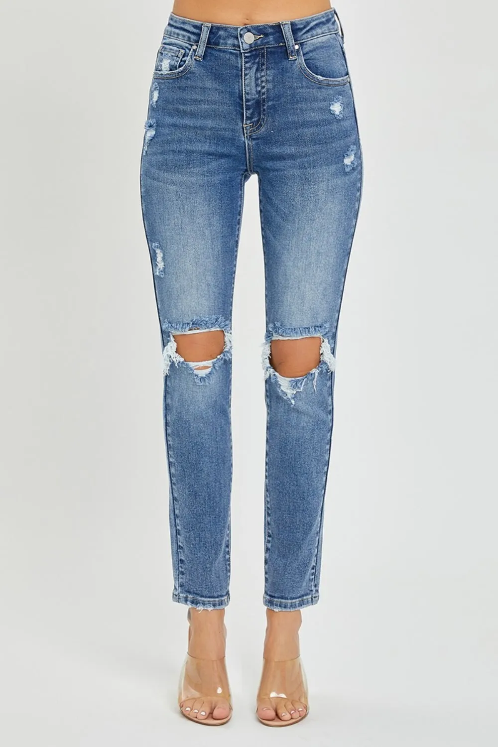 Risen High Rise Knee Distressed Skinny Blue Denim Jeans