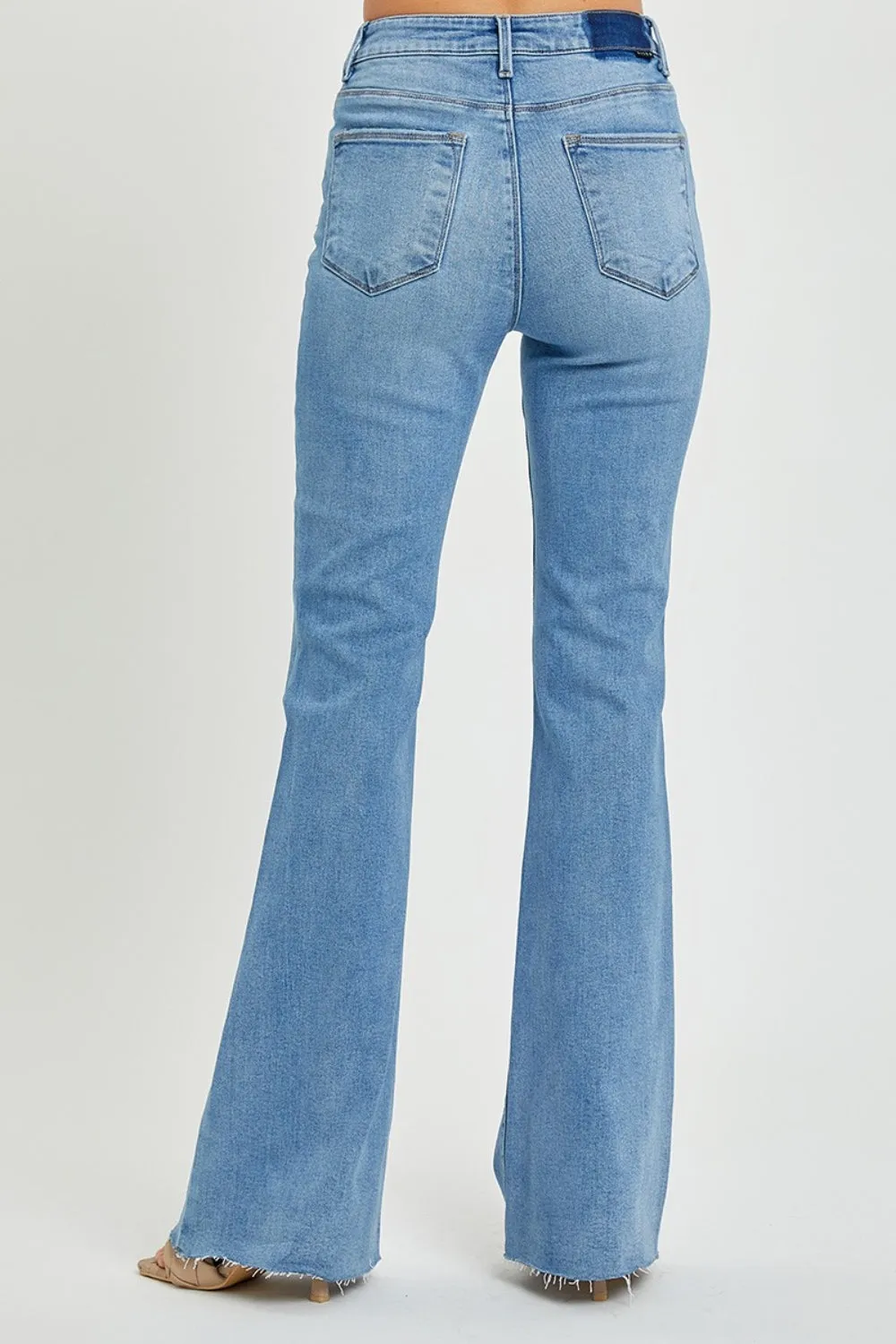 RISEN High Waisted Raw Cut Hem Blue Denim Bootcut Jeans