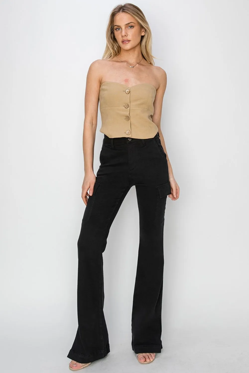Risen Side Slit Cargo Black Denim Bootcut Jeans