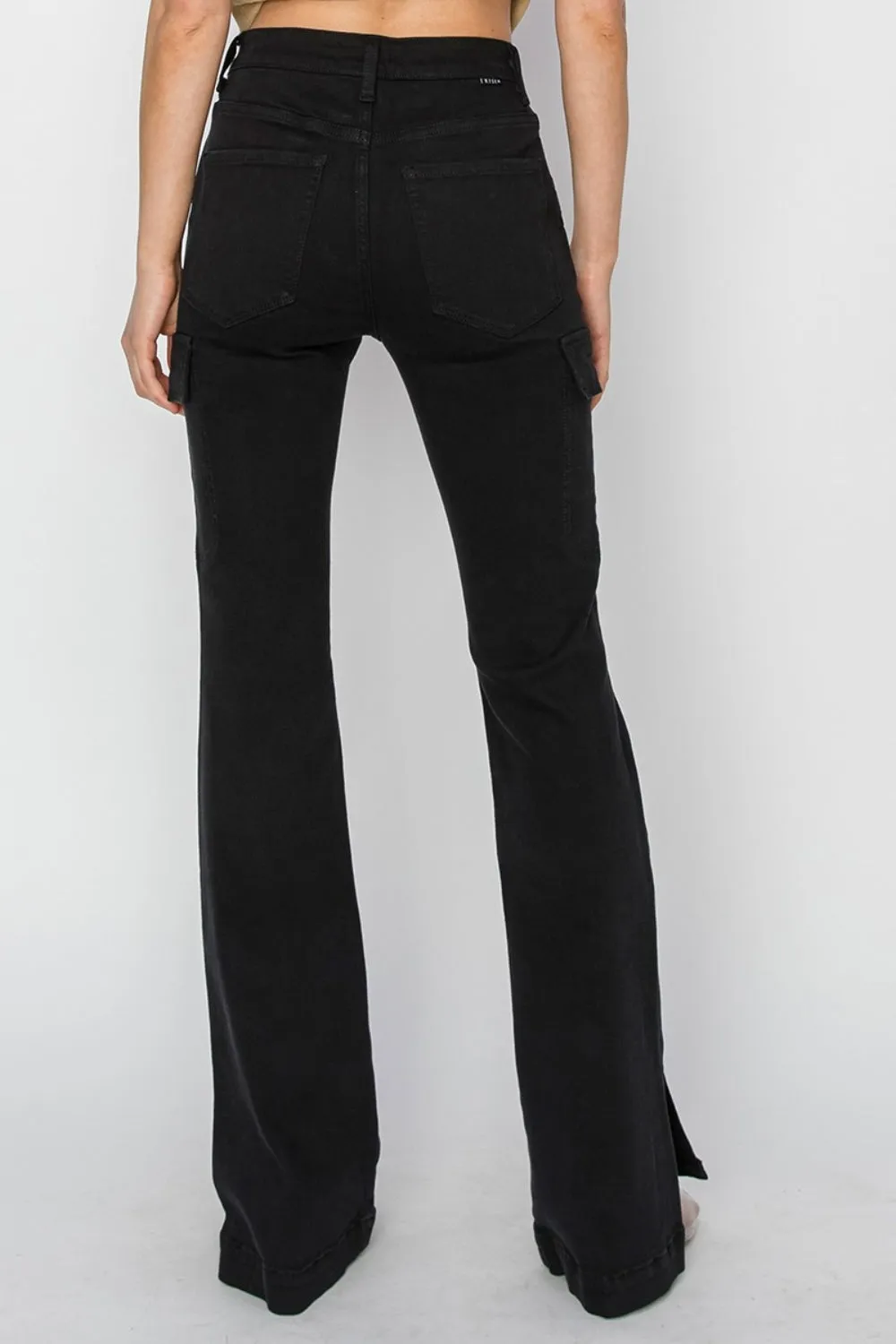 Risen Side Slit Cargo Black Denim Bootcut Jeans