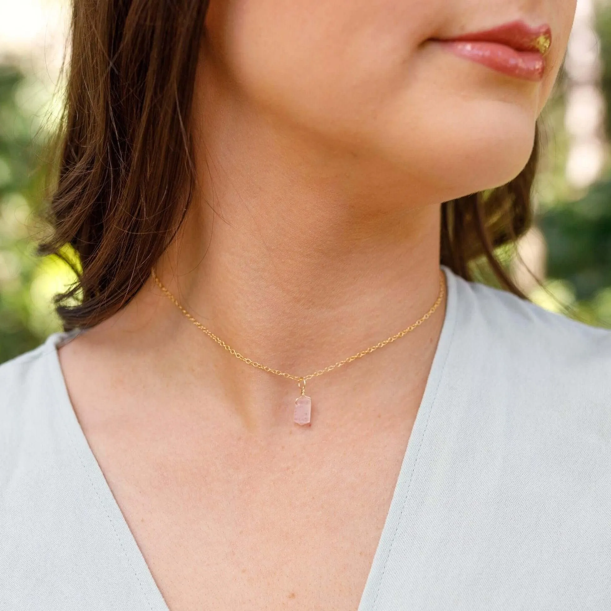 Rose Quartz Mini Double Terminated Crystal Point Pendant Choker Necklace