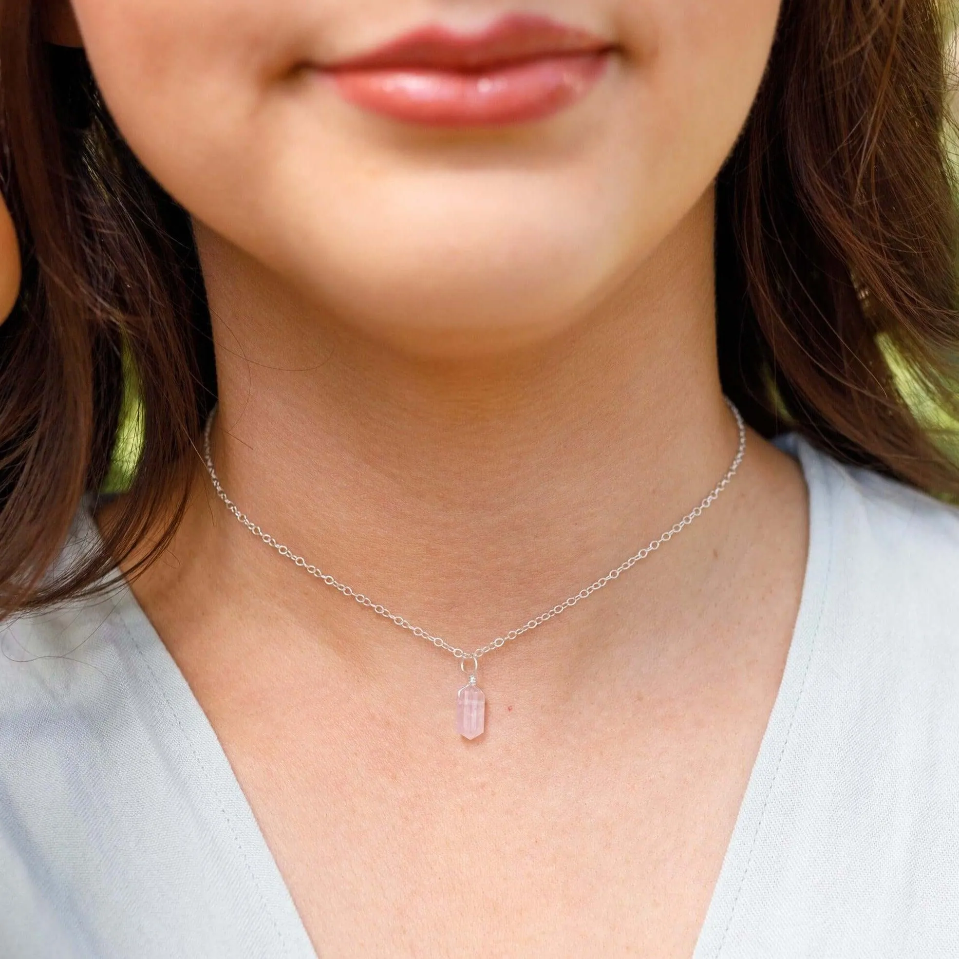 Rose Quartz Mini Double Terminated Crystal Point Pendant Choker Necklace