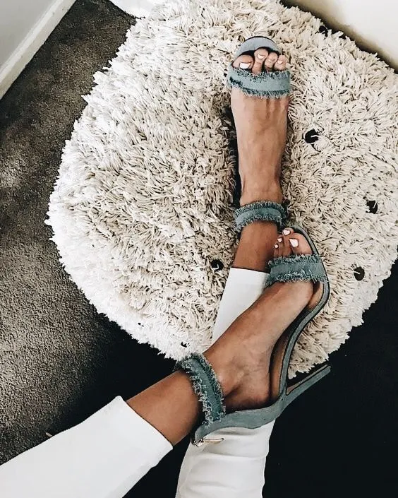 Ruffles Edge Simple Style Ope Toe Ankle Wrap Women High Heel Sandals